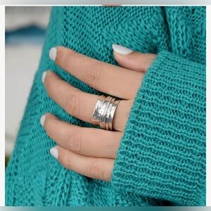 🆕925 Sterling Silver Spinner Ring for Women 3 Fidget Rings Band Wide Hammered